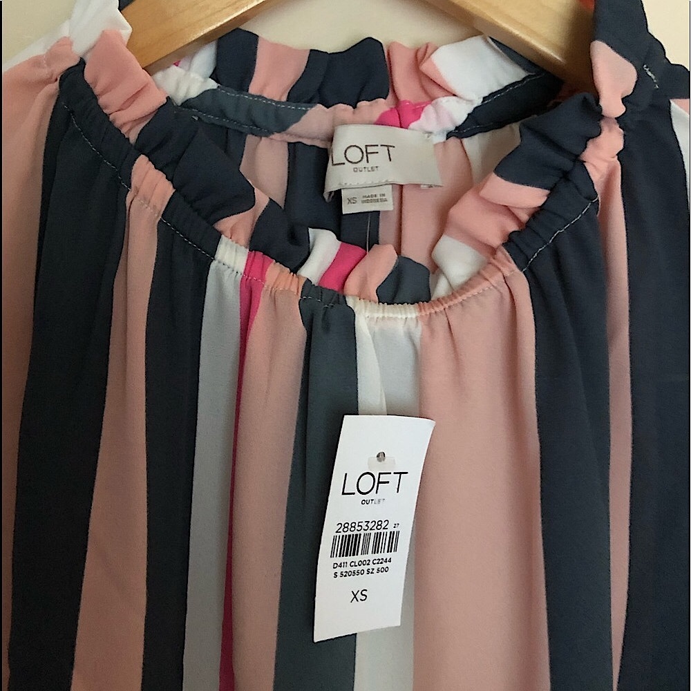 LOFT BOUQUET SMOCKED RUFFLE STRIPED SHELL Size XS - Picture 12 of 15